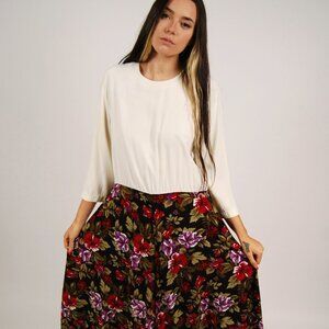 80s Shirt Dress (XL) purple red floral vintage long sleeve twee secretary geek